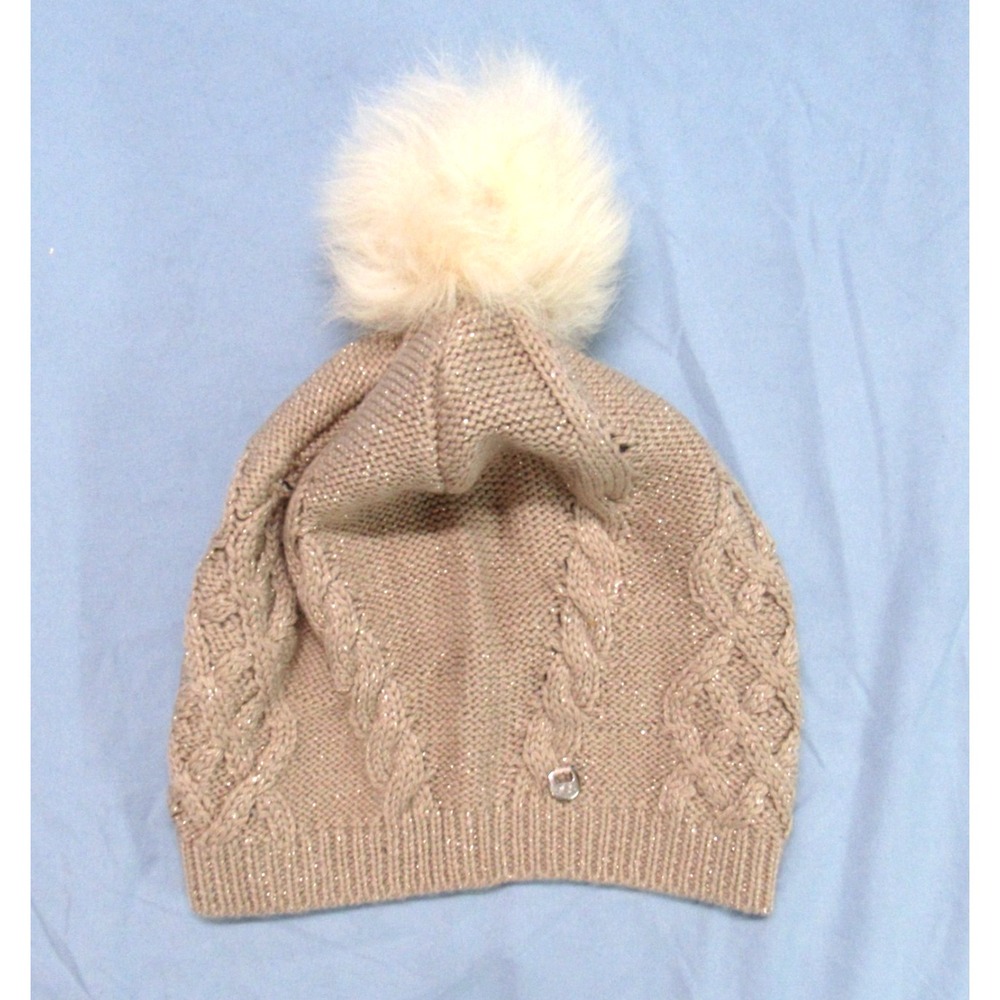 UGG Australia BEIGE w/METALLIC GOLD Cable Knit LARGE POM POM Beanie HAT/CAP OS